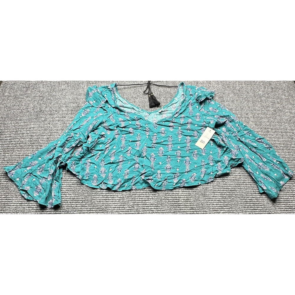 BP Blouse Womens Extra Small Teal Floral Ruffle Bell Sleeve Cropped Boho Top NWT